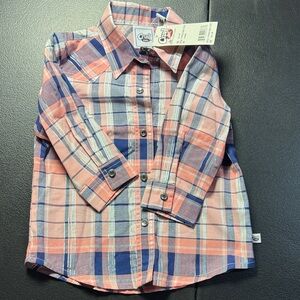 NWT Cruel Girl Coral, Blue & White Plaid Button-Down Shirt